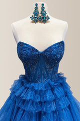 Gorgeous Royal Blue A-Line Strapless Long Tiered Glitter Tulle Prom Dress