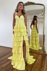 Gorgeous Sparkly Yellow A-Line Lace Up Tiered Prom Dress with Leg Slit