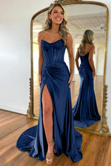 Sparkly Mermaid Strapless Zipper Back Long Beaded Prom Dress With Slit