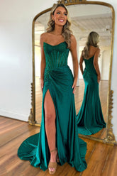 Sparkly Mermaid Strapless Zipper Back Long Beaded Prom Dress With Slit