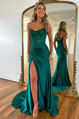 Sparkly Mermaid Strapless Zipper Back Long Beaded Prom Dress With Slit