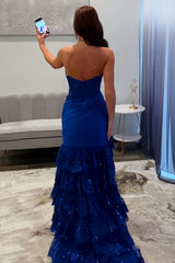 Charming Mermaid Strapless Sequin and Satin Prom Dress with Ruffle Skirt