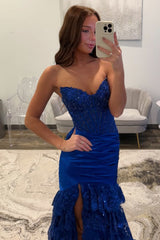 Charming Mermaid Strapless Sequin and Satin Prom Dress with Ruffle Skirt