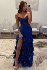 Charming Mermaid Strapless Sequin and Satin Prom Dress with Ruffle Skirt