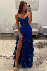 Gorgeous Red Mermaid Strapless Long Tiered Sequin and Satin Prom Dress