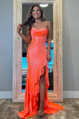 Stunning Gliter Mermaid Strapless Lace Up Beaded Prom Dress with Slit