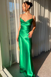 Green Mermaid Spaghetti Straps Lace Up Long Satin Prom Dress