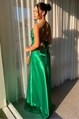 Green Mermaid Spaghetti Straps Lace Up Long Satin Prom Dress