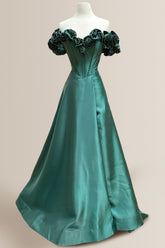 Green A-Line Off The Shoulder Long Satin Prom Dress with 3D Flowers