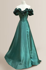 Green A-Line Off The Shoulder Long Satin Prom Dress with 3D Flowers