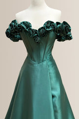 Green A-Line Off The Shoulder Long Satin Prom Dress with 3D Flowers