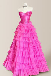 Hot Pink A-Line Sweetheart Satin Top Long Layered Tulle Prom Dress