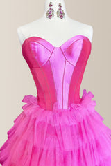 Hot Pink A-Line Sweetheart Satin Top Long Layered Tulle Prom Dress
