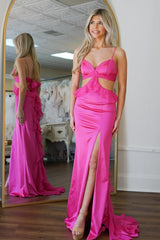 Hot Pink Mermaid Spaghetti Straps Waist Hollow Satin Prom Dress with Leg Slit