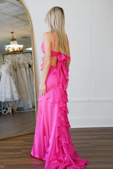 Hot Pink Mermaid Spaghetti Straps Waist Hollow Satin Prom Dress with Leg Slit