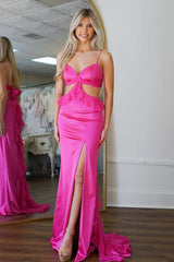Hot Pink Mermaid Spaghetti Straps Waist Hollow Satin Prom Dress with Leg Slit