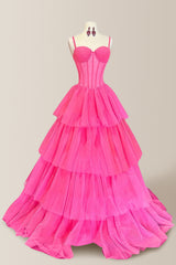 Hot Pink A-Line Spaghetti Straps Long Tiered Tulle Prom Dress