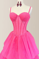 Hot Pink A-Line Spaghetti Straps Long Tiered Tulle Prom Dress