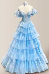 Light Blue A-Line Off The Shoulder Long Glitter Layered Tulle Prom Dress