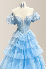 Light Blue A-Line Off The Shoulder Long Glitter Layered Tulle Prom Dress