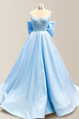 Light Blue A-Line Spaghetti Straps Long Satin Prom Dress with Big Bowknot