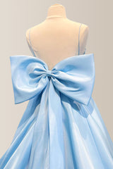 Light Blue A-Line Spaghetti Straps Long Satin Prom Dress with Big Bowknot