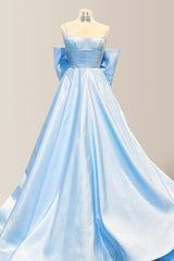 Light Blue A-Line Spaghetti Straps Long Satin Prom Dress with Big Bowknot