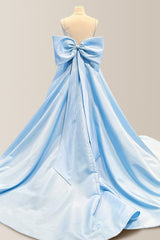 Light Blue A-Line Spaghetti Straps Long Satin Prom Dress with Big Bowknot
