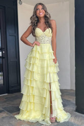 Cute Yellow A-Line Sweetheart  Long Tiered Chiffon Prom Dress with Leg Slit