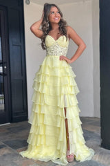Cute Yellow A-Line Sweetheart Long Tiered Chiffon Prom Dress with Leg Slit
