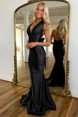 Light Blue Mermaid Halter Neck Backless Long Satin Prom Dress with Bowknot