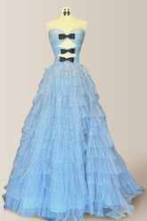 Lovely Light Blue A-Line Sweetheart Long Polka Dot Tulle Prom Dress