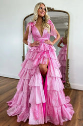 Lovely Pink A-Line Deep V-Neck Long Tiered Tulle Prom Dress with Slit