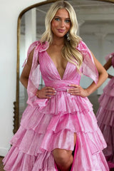 Lovely Pink A-Line Deep V-Neck Long Tiered Tulle Prom Dress with Slit