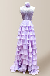 Lovely Purple A-Line Halter Neck Long Tiered Chiffon Prom Dress