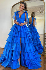 Lovely Pink A-Line Deep V-Neck Long Tiered Tulle Prom Dress with Slit