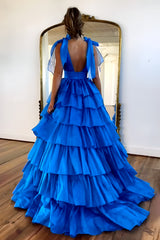 Lovely Pink A-Line Deep V-Neck Long Tiered Tulle Prom Dress with Slit