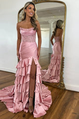 Lovely Pink Mermaid Strapless Long Ruffle Satin Prom Dress with Slit