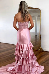 Lovely Pink Mermaid Strapless Long Ruffle Satin Prom Dress with Slit