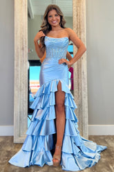 Chic Light Blue Mermaid Strapless Long Satin Prom Dress with Ruffle Skirt