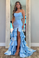 Chic Light Blue Mermaid Strapless Long Satin Prom Dress with Ruffle Skirt