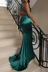 Luxe Mermaid Halter Neck Backless Long Satin Prom Party Dress