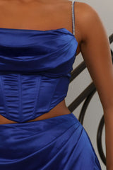 Luxe Royal Blue Two Piece Spaghetti Straps Mermaid Satin Set Prom Dress With Leg Slit