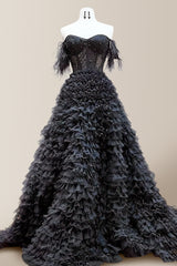 Luxurious A-Line Off The Shoulder Long Ruched Tulle Prom Dress with Feather