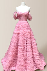 Luxurious A-Line Off The Shoulder Long Ruched Tulle Prom Dress with Feather