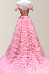 Luxurious A-Line Off The Shoulder Long Ruched Tulle Prom Dress with Feather