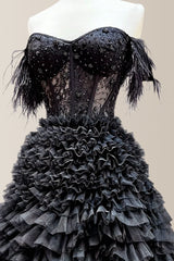 Luxurious A-Line Off The Shoulder Long Ruched Tulle Prom Dress with Feather