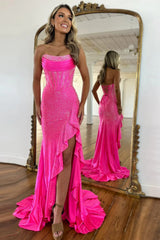 Luxurious Sparkly Mermaid Strapless Beaded Prom Dress With Leg Slit
