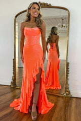 Luxurious Sparkly Mermaid Strapless Beaded Prom Dress With Leg Slit