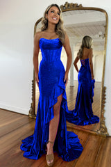 Luxurious Sparkly Mermaid Strapless Beaded Prom Dress With Leg Slit